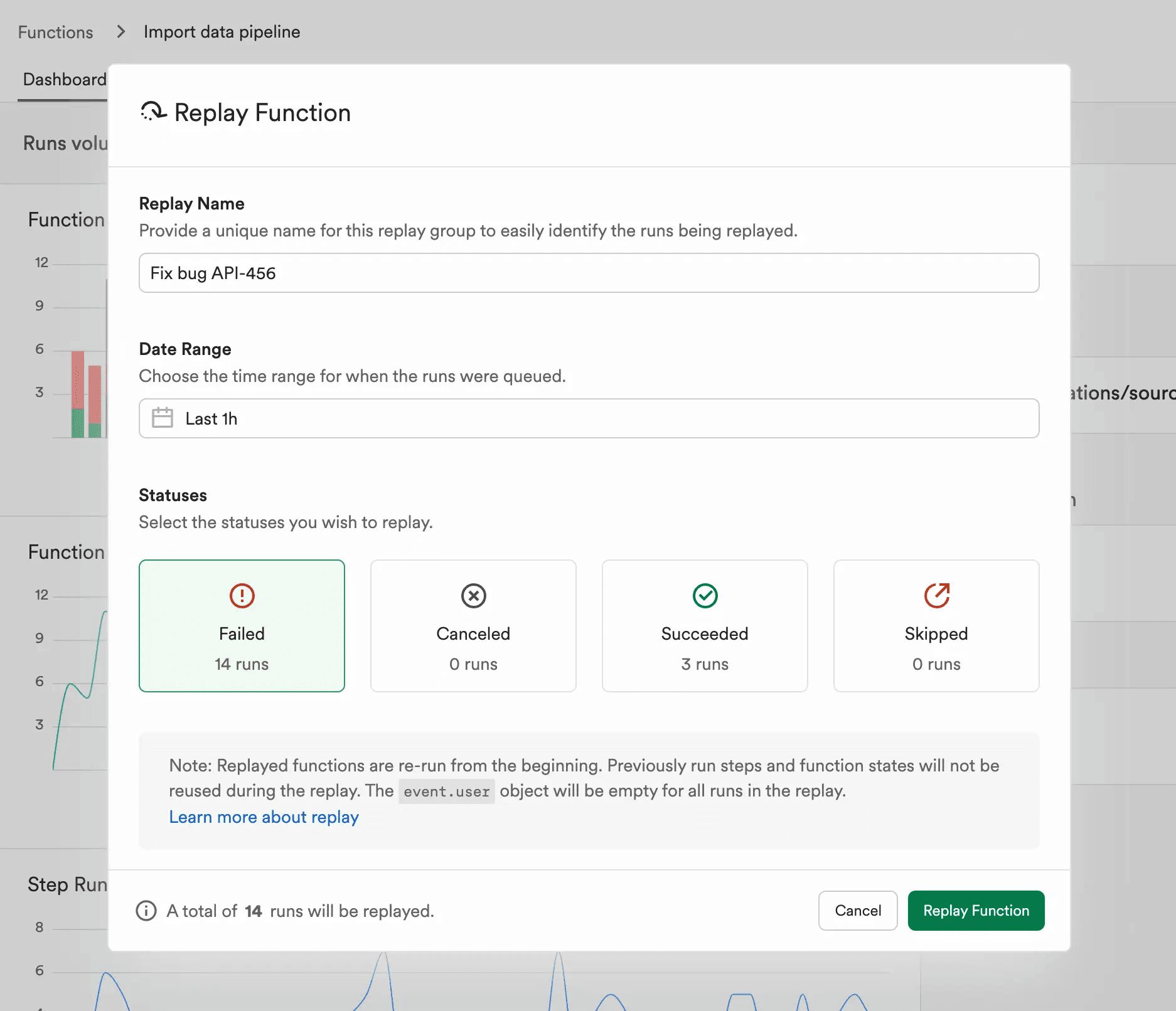 Inngest's Replay feature enable engineering teams to recover from intermittent failures by replaying a set of events. Replaying events matches the functions' Flow Control, enabling a smooth recovering of operations, even for millions of events.